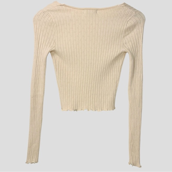 Sky & Sparrow Tie Front Ribbed Knit Top XS Beige Pointelle Long Sleeve Cropped - Picture 3 of 13